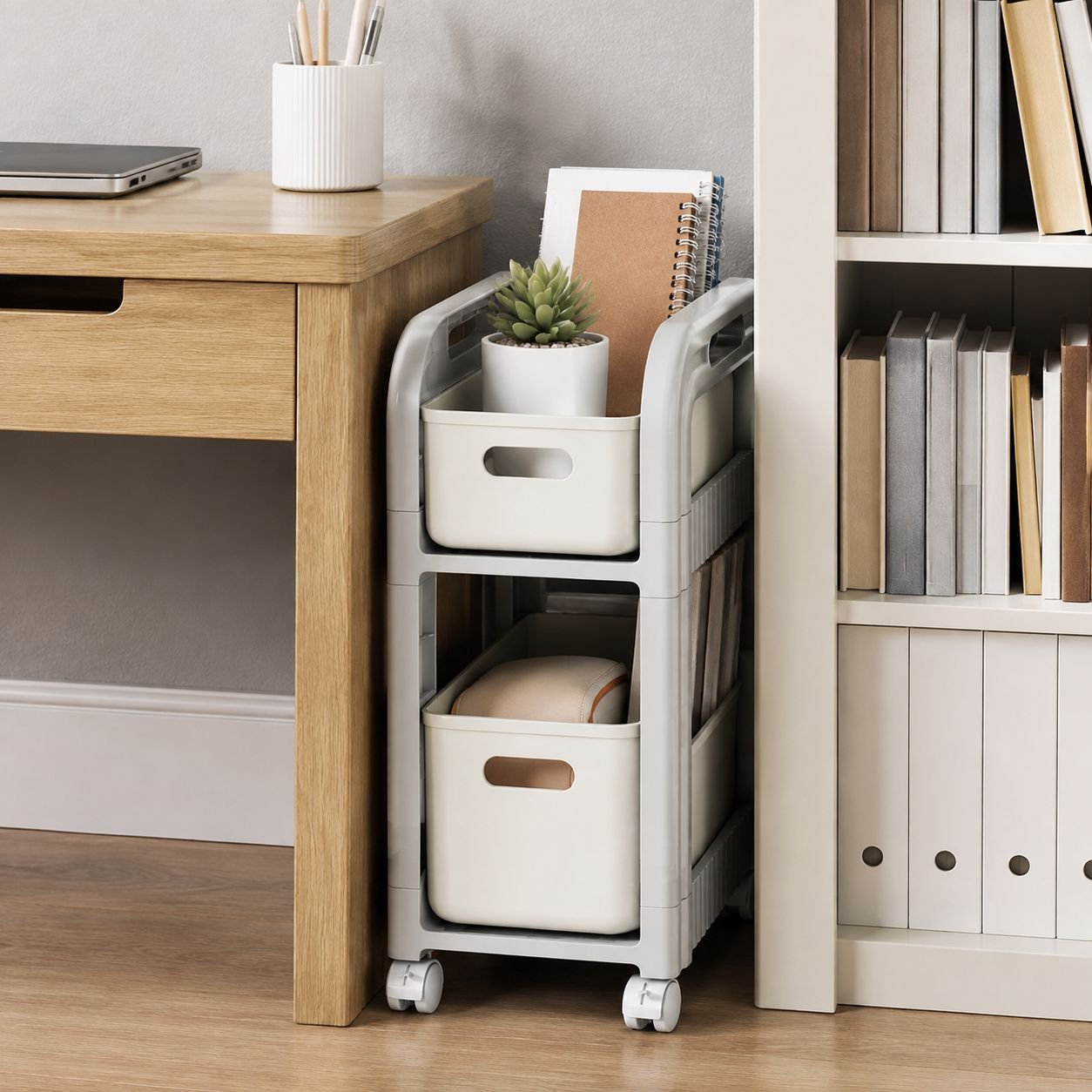 Space-saving under-desk organizer cabinet