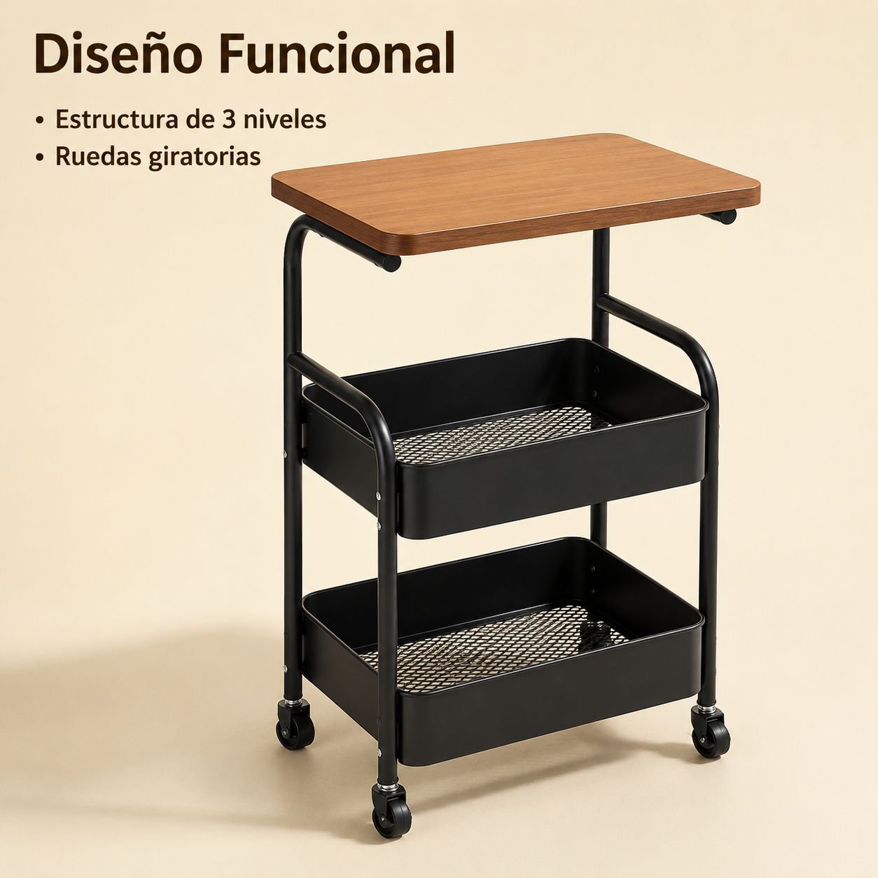 Carrito auxiliar móvil de dos niveles con mesa superior
