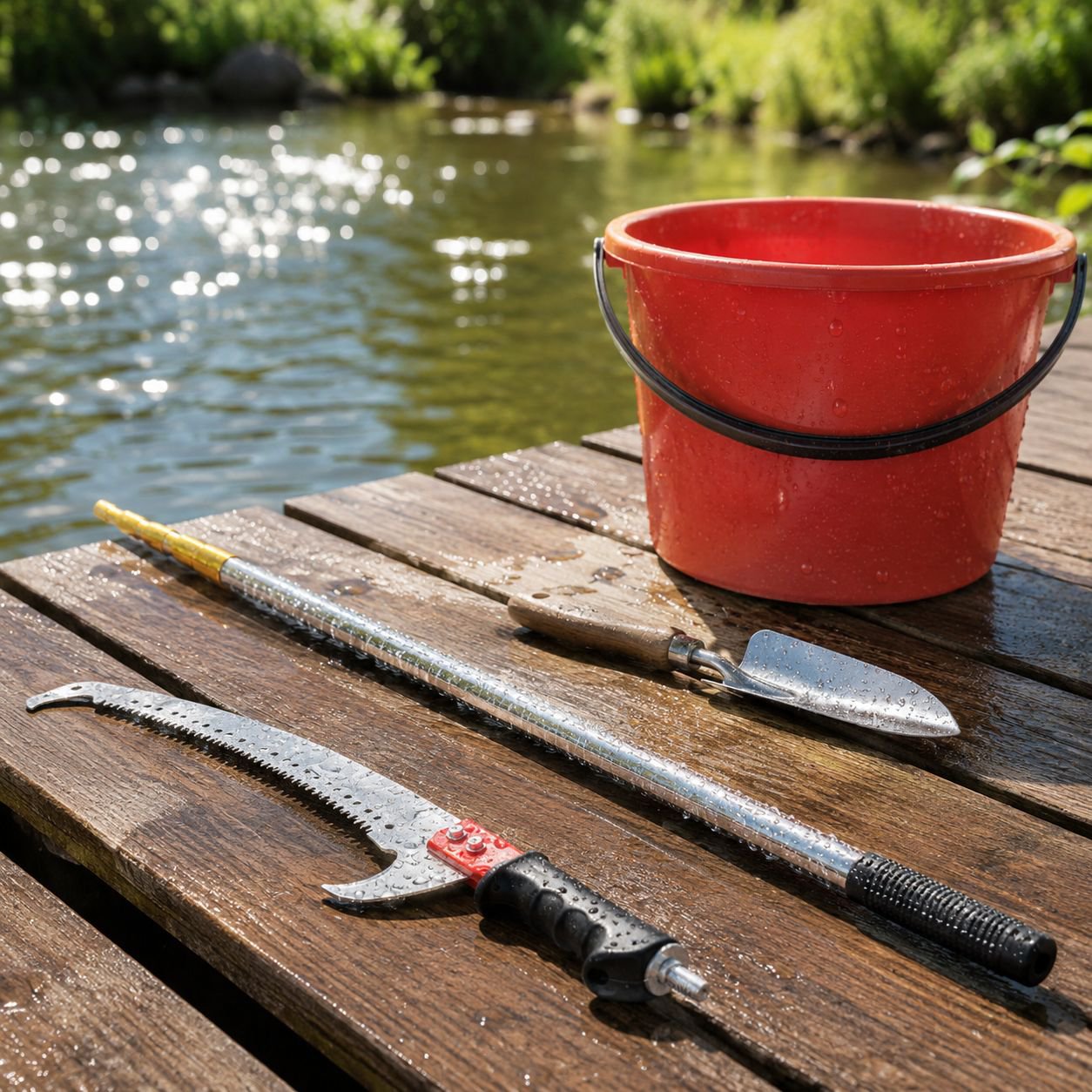 Lightweight pond cleaning net in use
