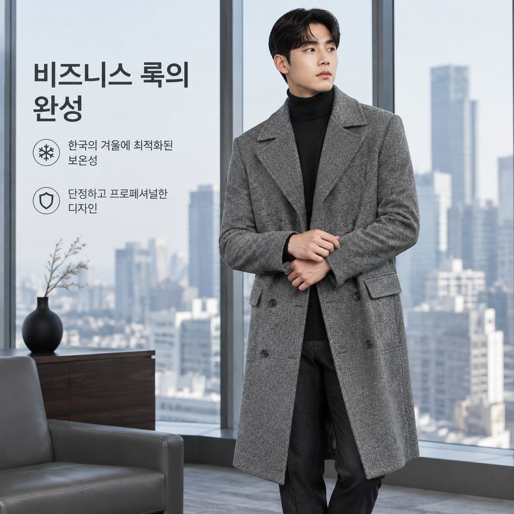 남성 더블버튼 미디 롱 모직 코트 트렌치 자켓