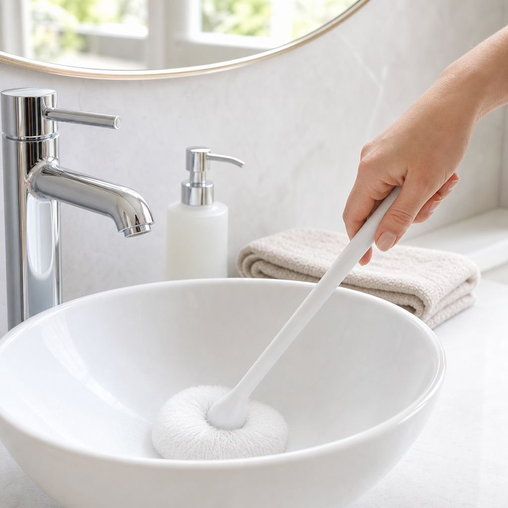 Bathroom sink being cleaned with cloud-shaped brush