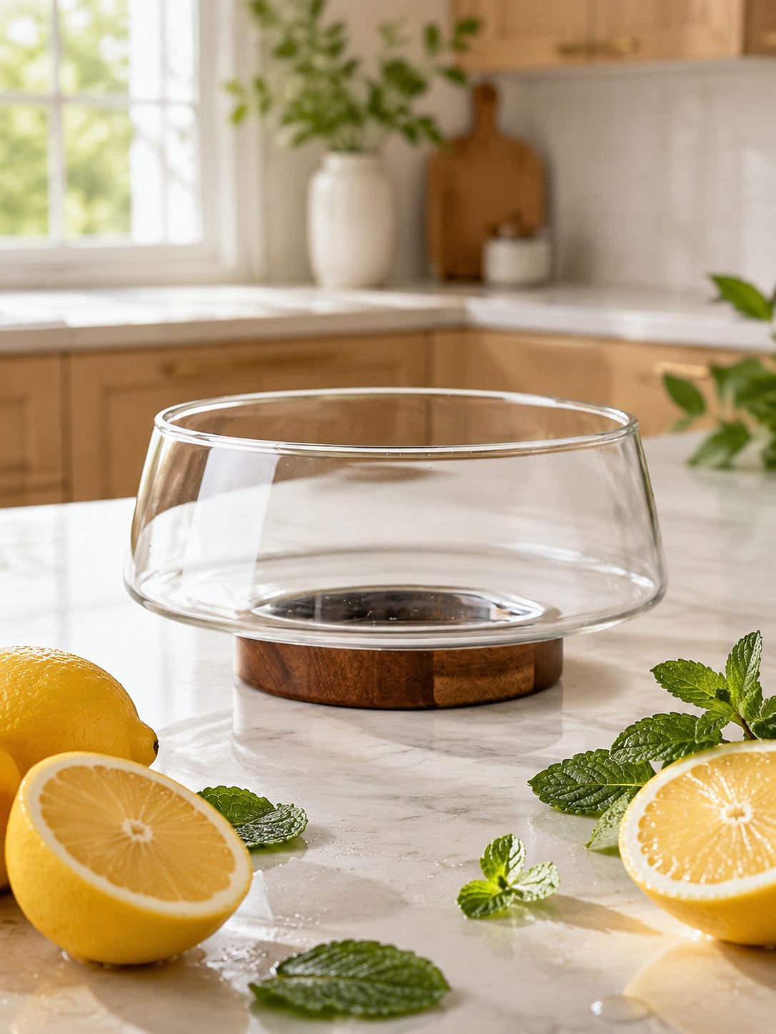 Bandeja de frutas de vidrio transparente con tenedores en sala de estar