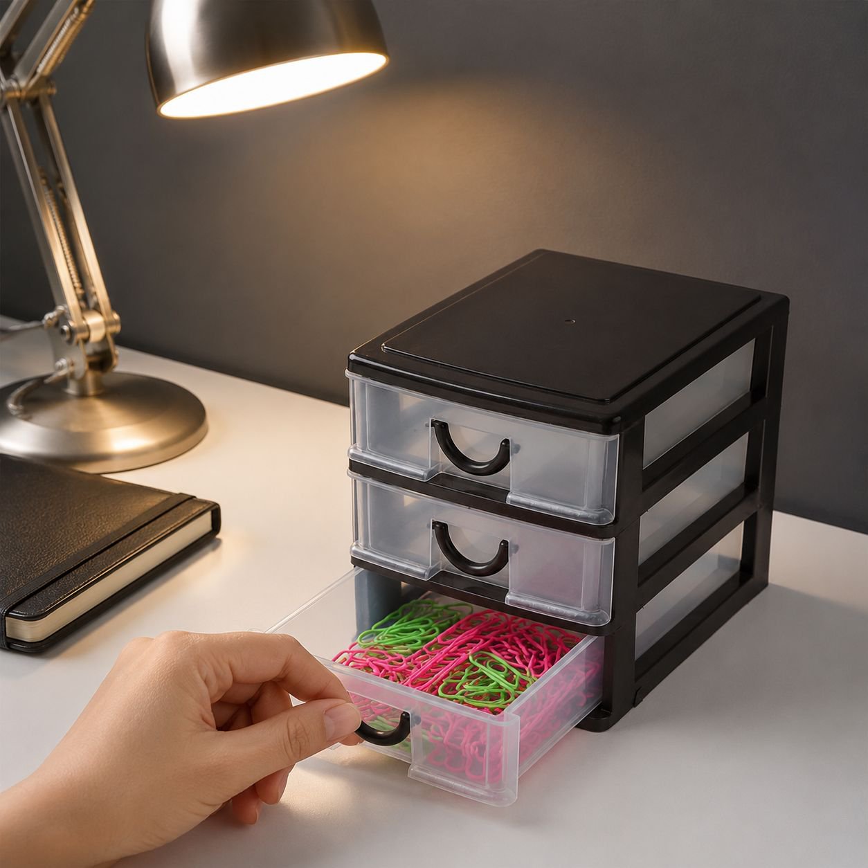 Organizador de papelería pequeño con cajón transparente