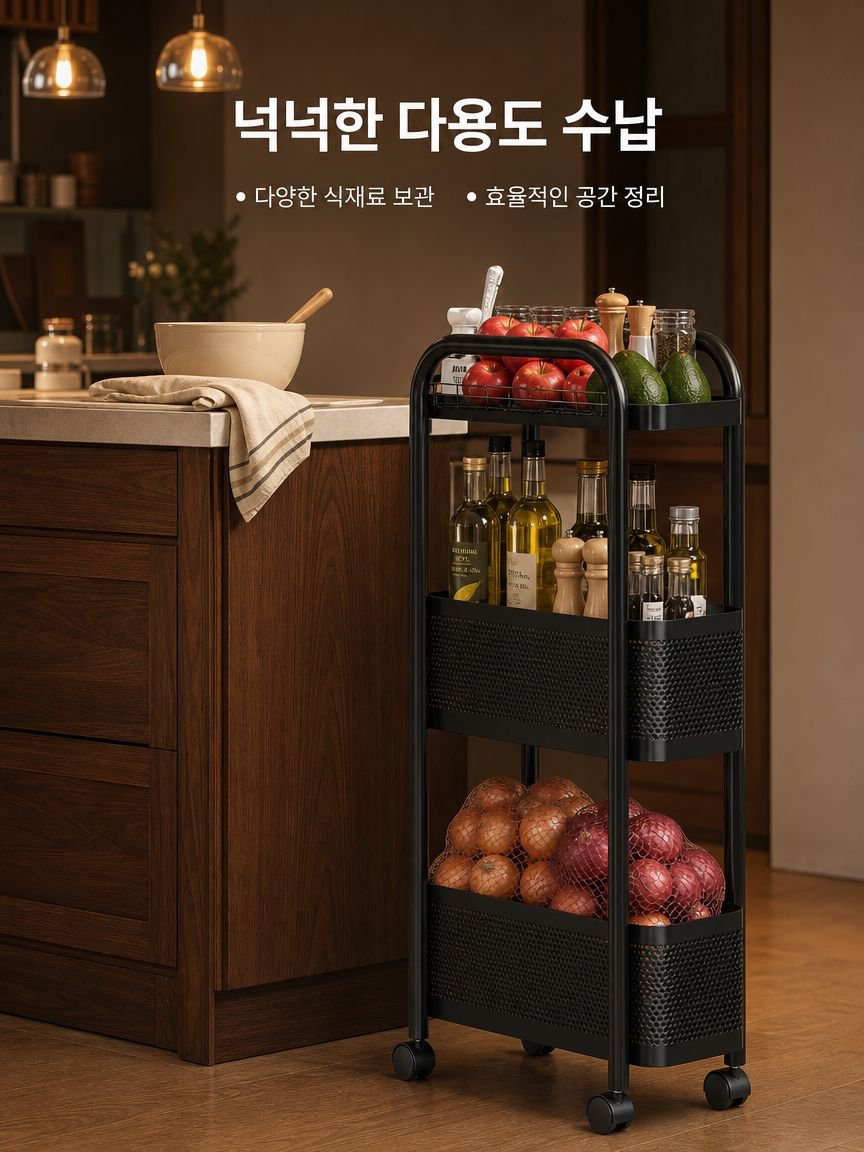 선반 틈새 주방 다용도 냉장고 틈새 수납장 야채 바구니 좁은 화장실 이동 카트