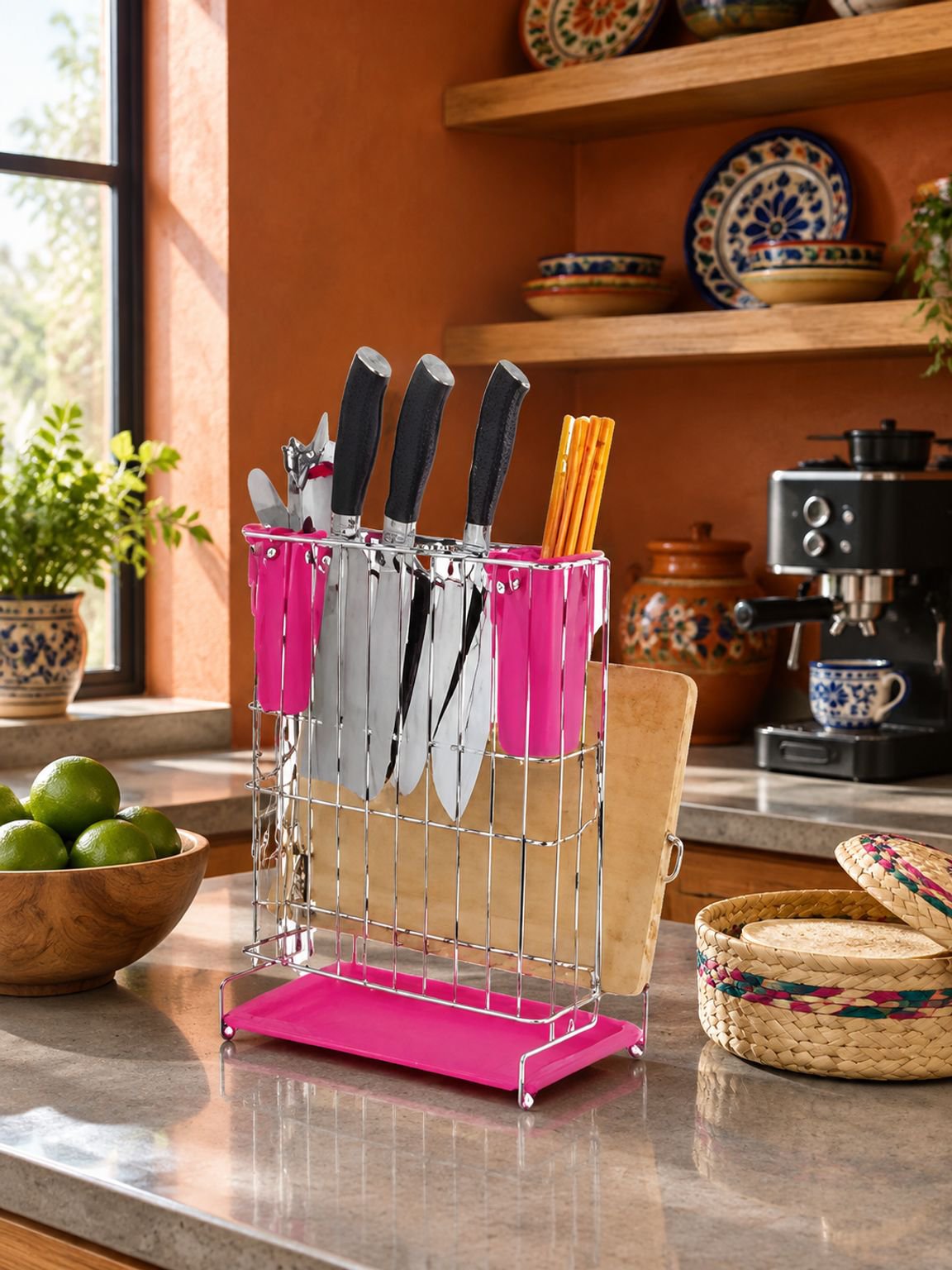 Soporte para cucharas y tabla de picar ahorra espacio en cocina