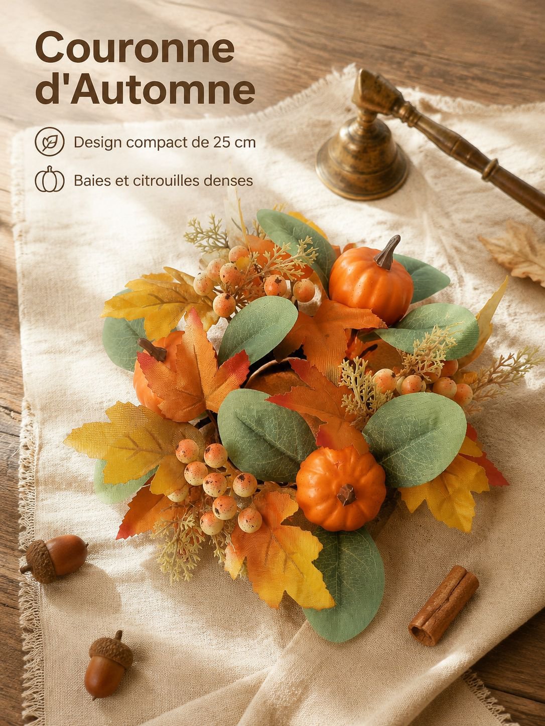 Artificial floral wreath with red berries and maple leaves, suitable for dining room and living room