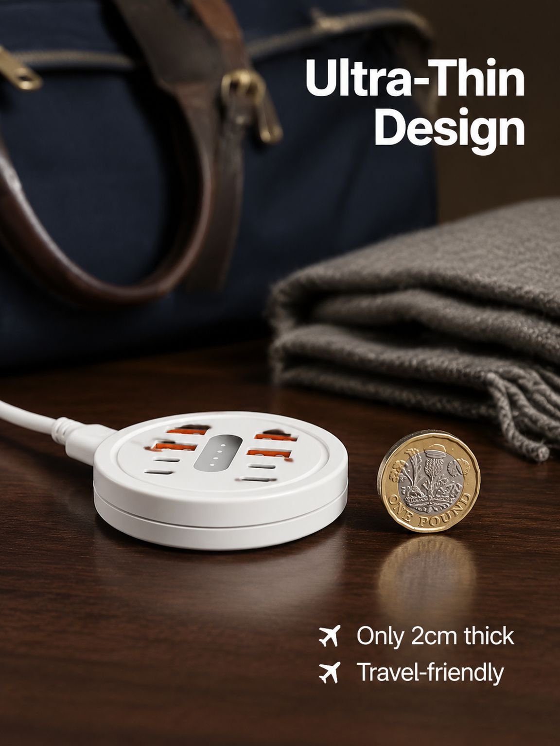 8-in-1 Round Portable Power Strip with USB & Type-C Fast Charging Adapters