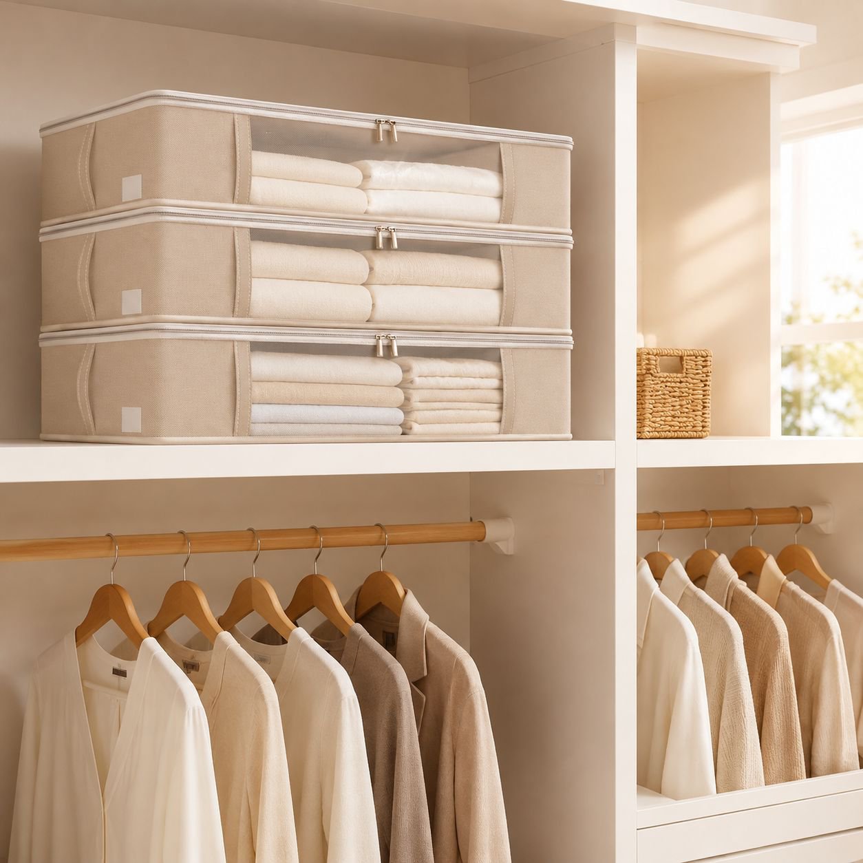 Home seasonal storage box for clothes and quilts in modern bedroom