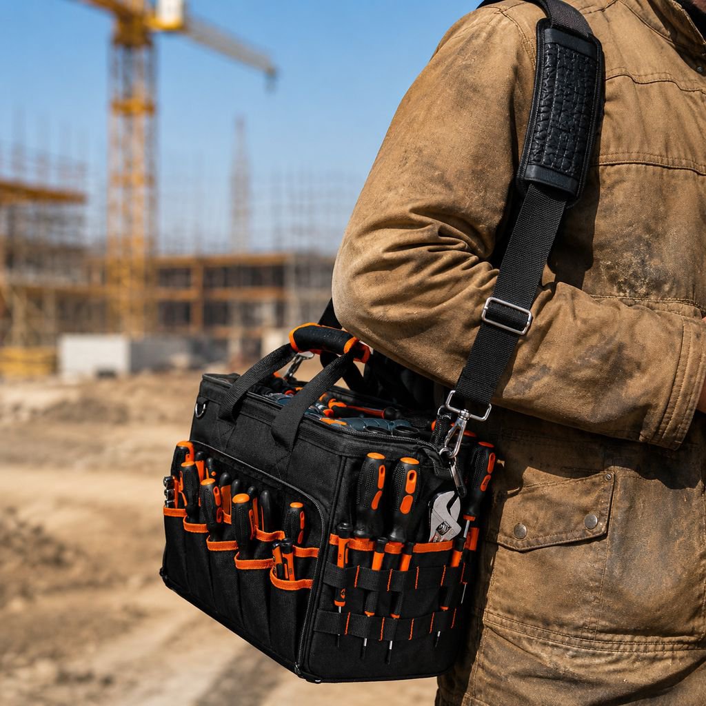 17-inch Heavy Duty Electrician Bag for Men, Foldable Wide-Mouth Storage Bag with Adjustable Shoulder