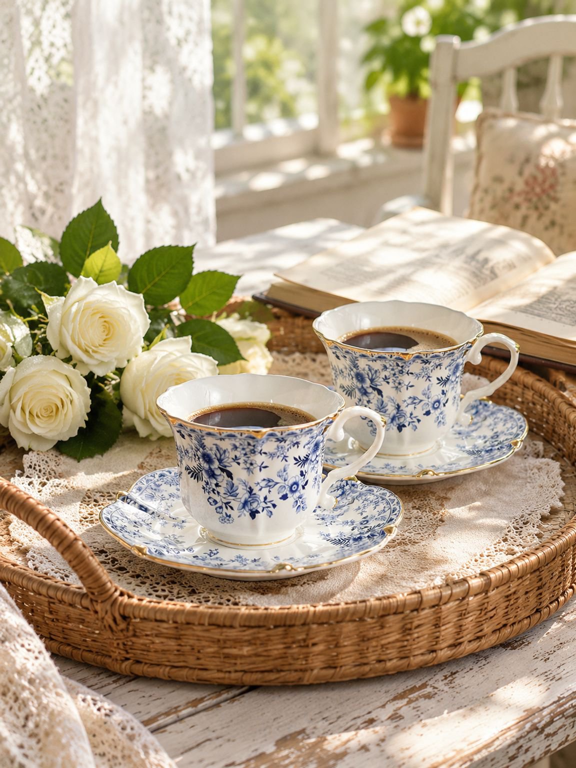 Vintage blue-and-white porcelain coffee cup and saucer set