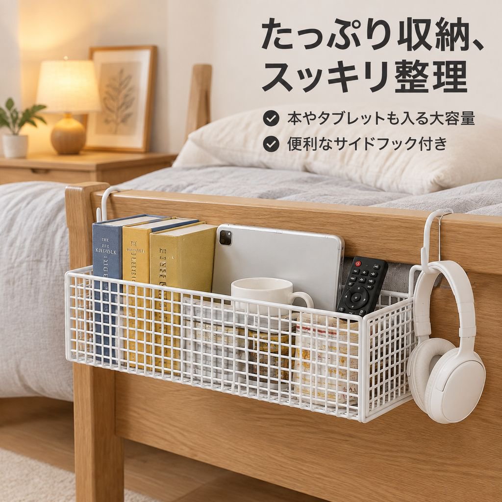 ベッドサイド収納ラック 吊り下げバスケット 穴あけ不要
