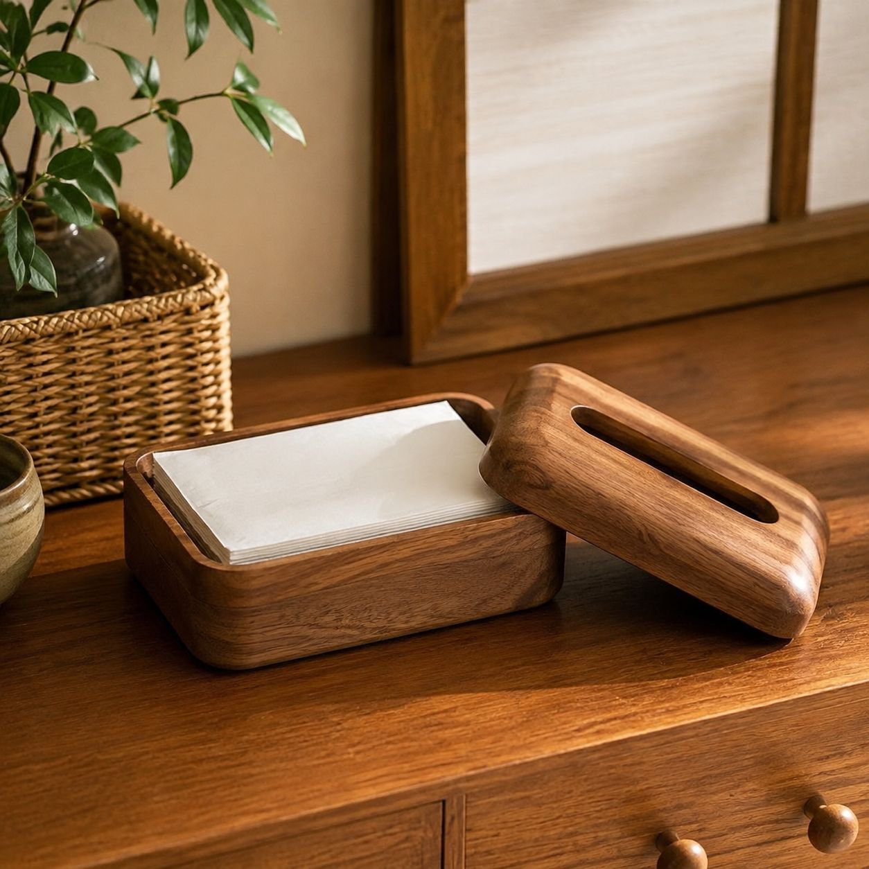 Decorative wooden tissue box with Chinese elements