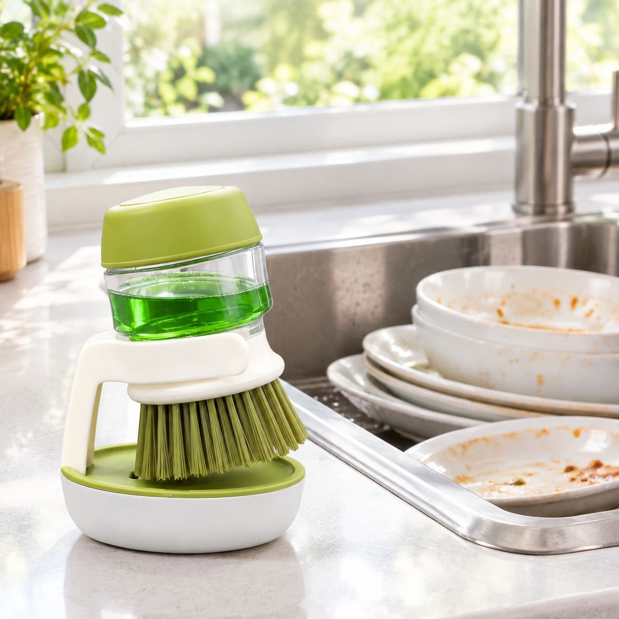 Easy refill soap dispenser feature of dish brush