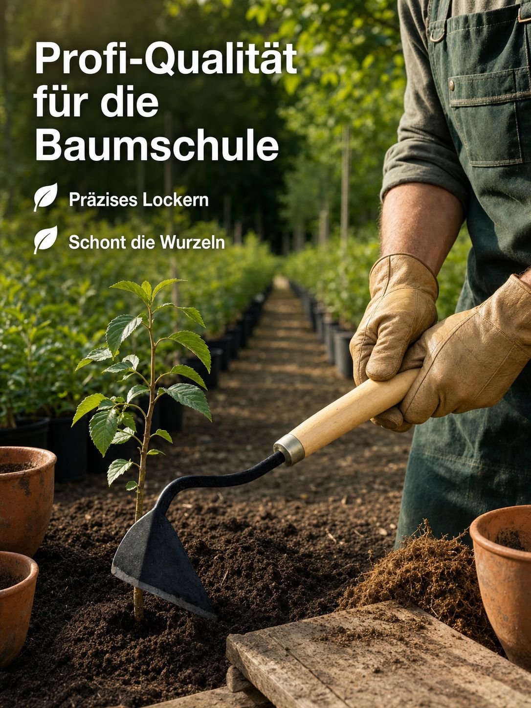 Gartenhacke mit gebogenem Stiel und dreieckiger Spitze, speziell für Baumschulen