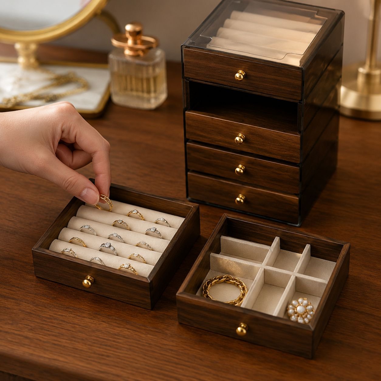 Close-up of walnut wood texture on jewelry box
