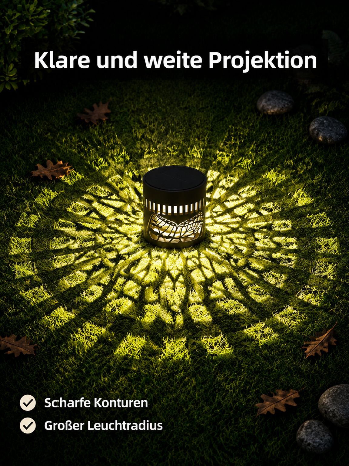 Leuchtende Mandala-Muster projiziert auf den Garten