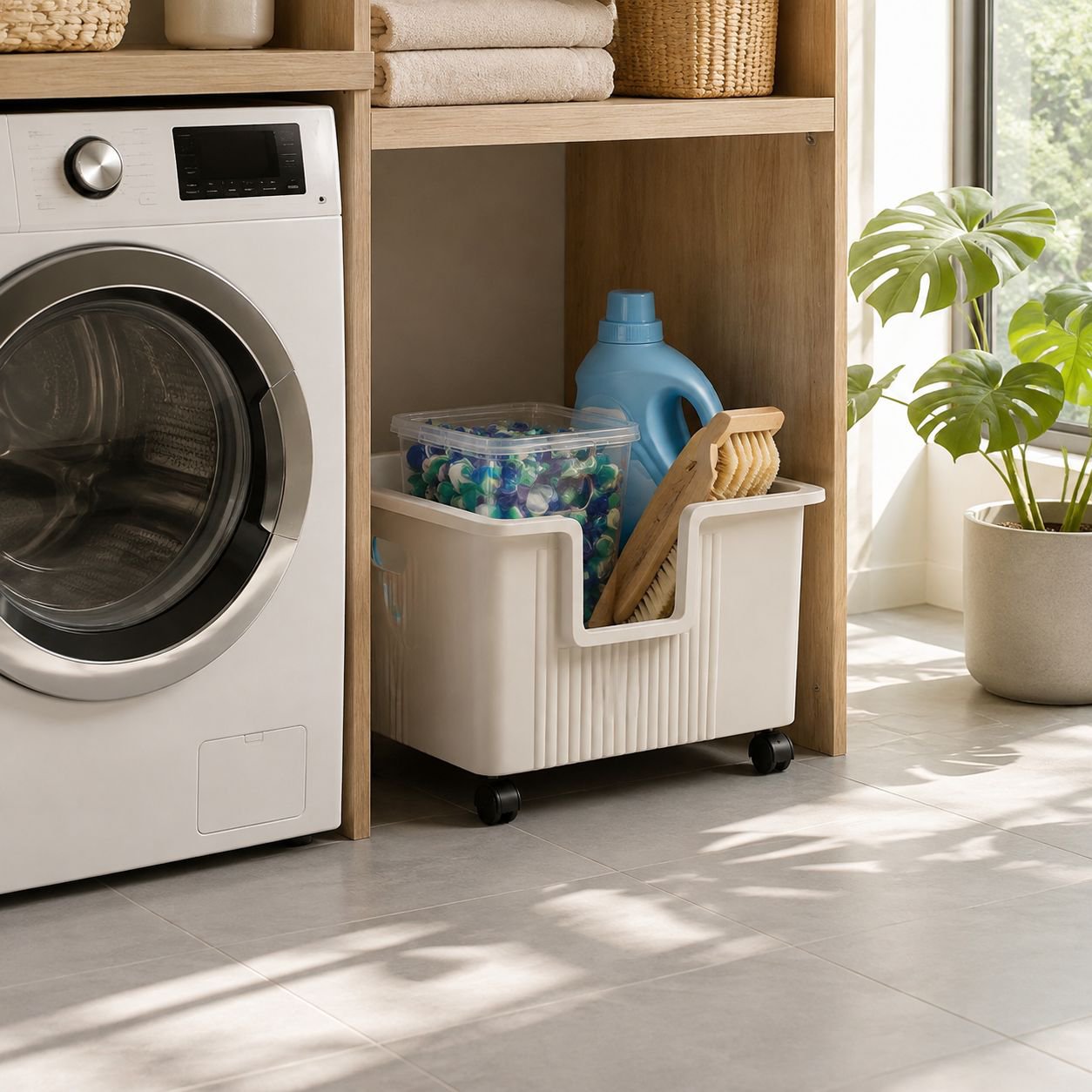 Adjustable washing machine storage rack for bathrooms