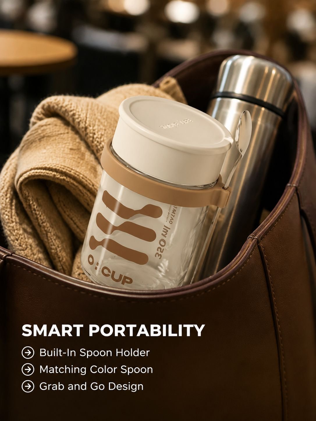 Breakfast cup, oatmeal cup, airtight glass jar with lid and spoon, portable milkshake, yogurt, grano