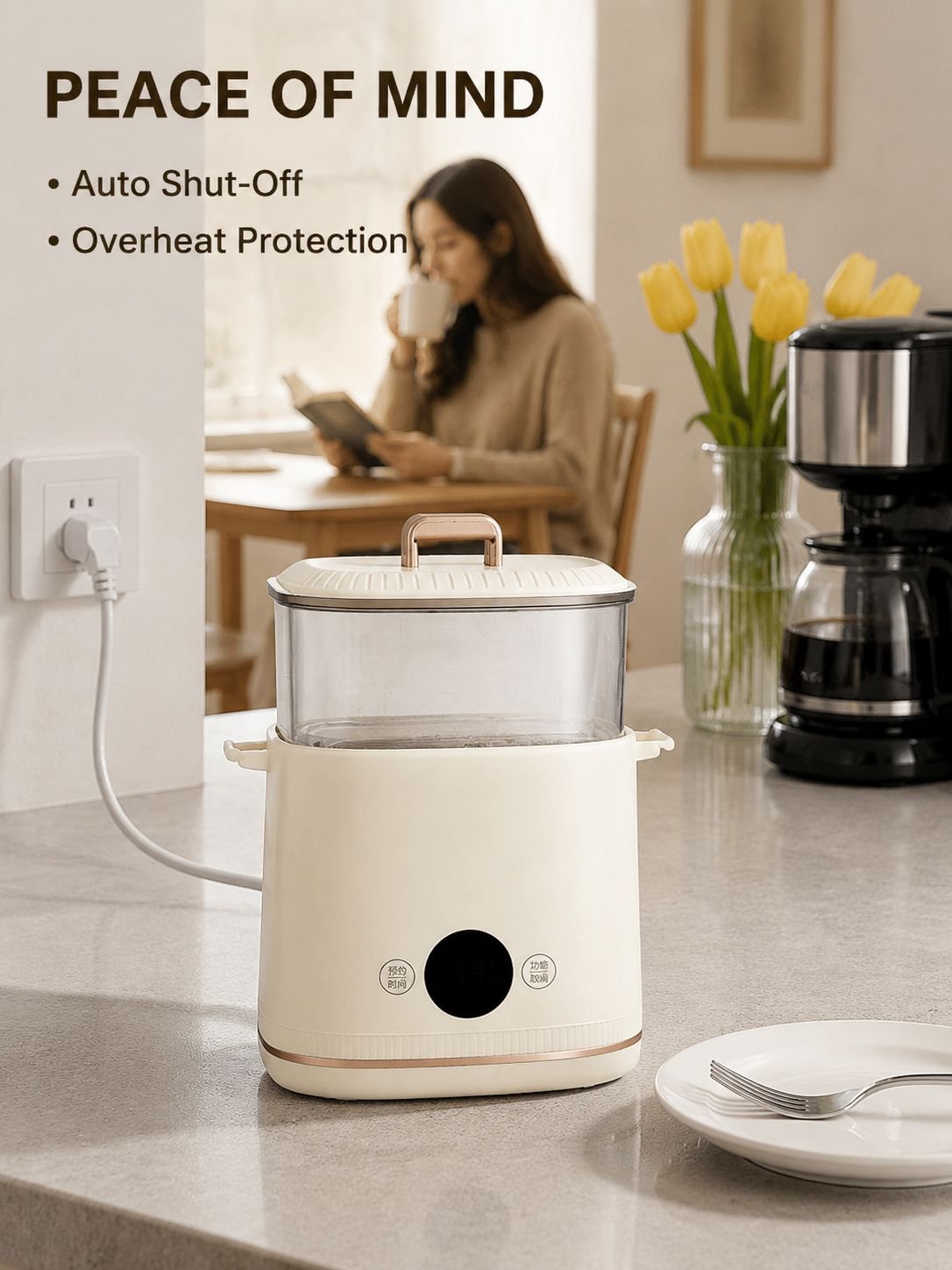 Smart Multi-Function Egg Cooker with Timer, Compact Home Steamer, Automatic Shut-Off