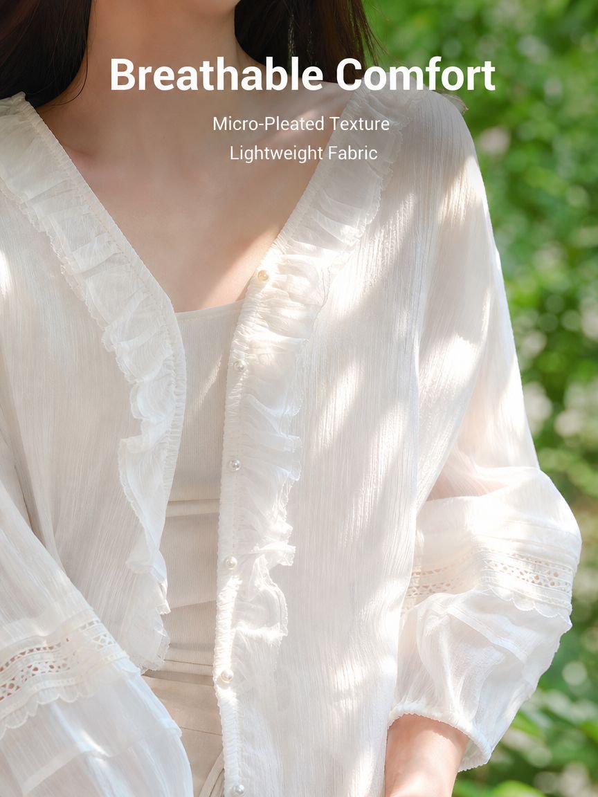 Loose Fit Versatile White V-neck Ruffled Shirt, New Summer Style