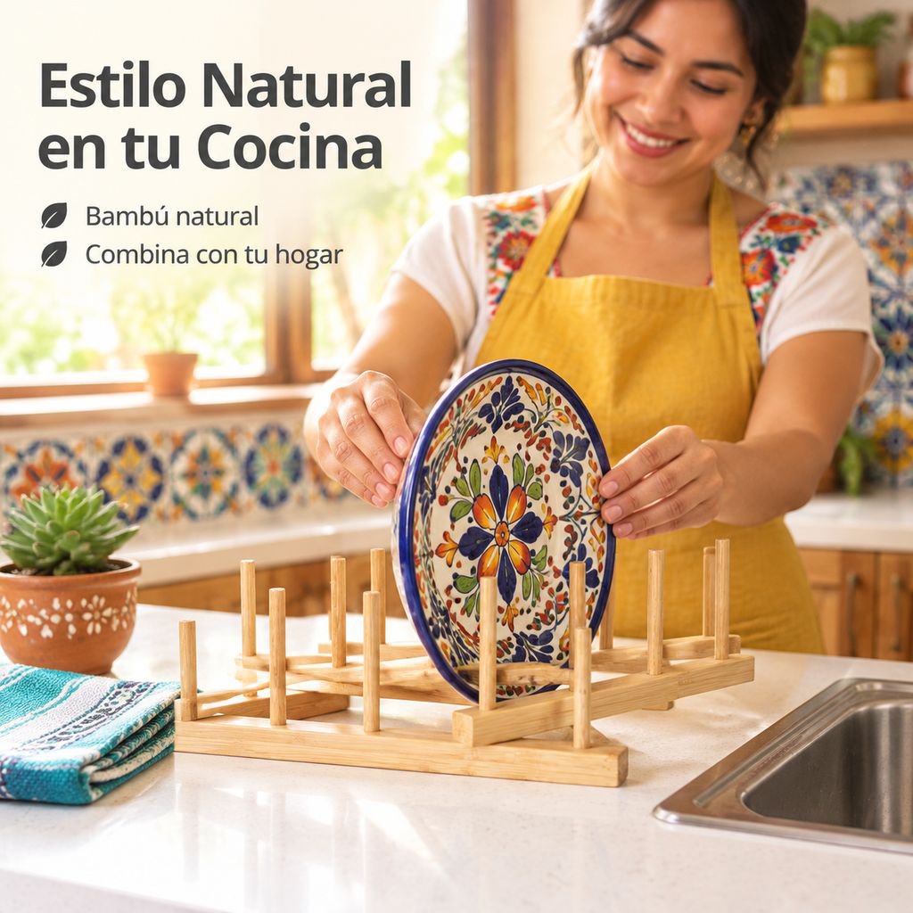 Escurridor y Organizador de Platos de Bambú para Cocina