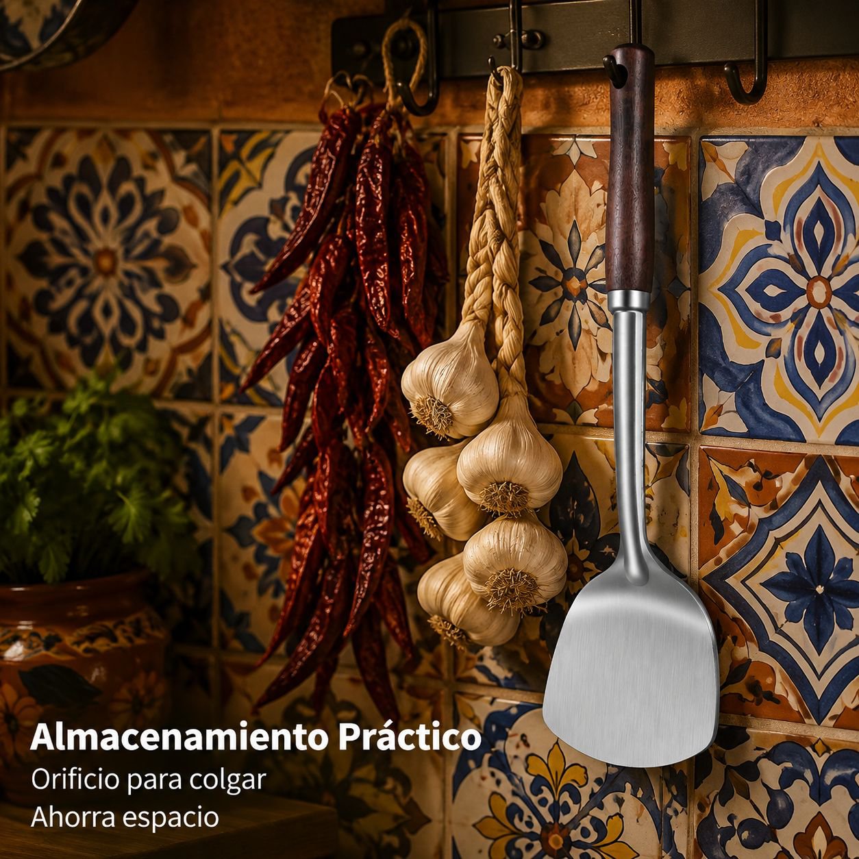 Espátula de acero inoxidable engrosada para cocinar.