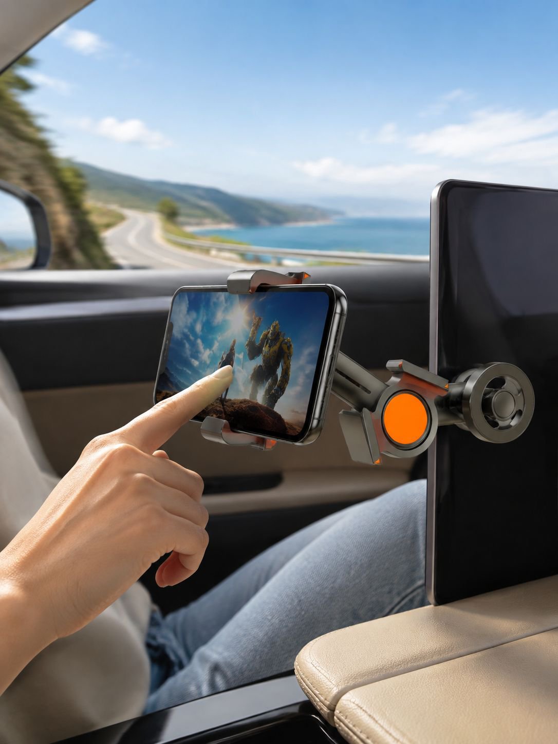 Car interior with magnetic phone holder on screen