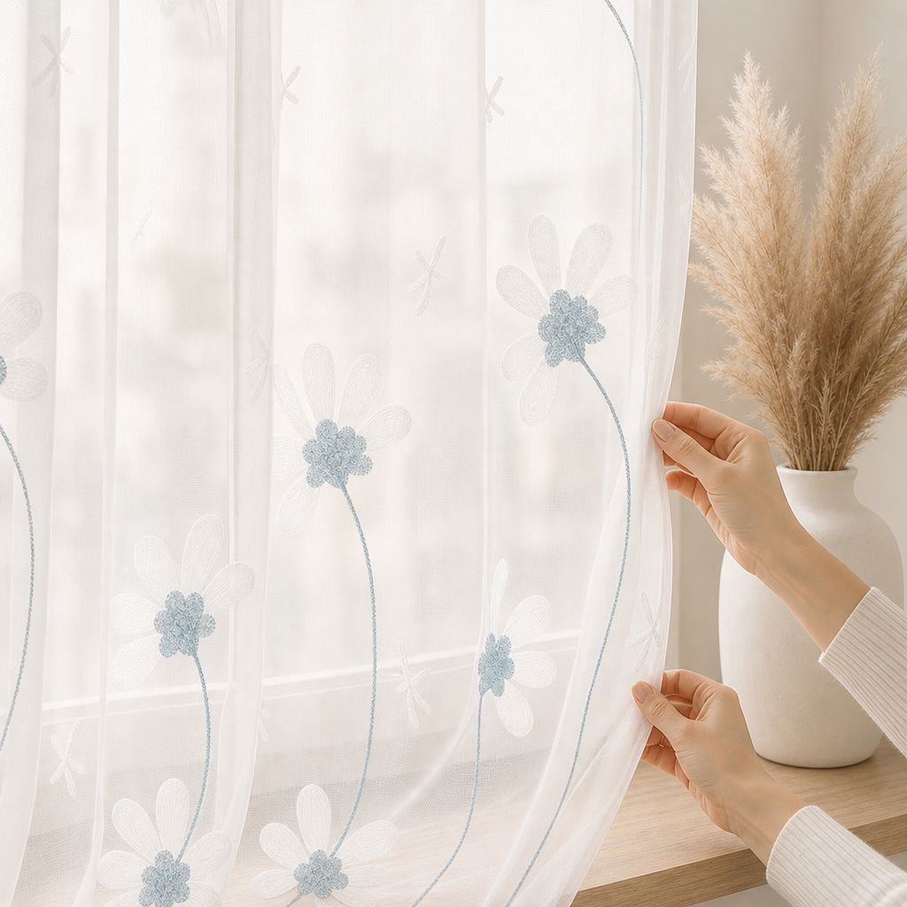 Wohnzimmerscheibe mit Chrysanthemenstickerei, moderner transparenter Vorhang