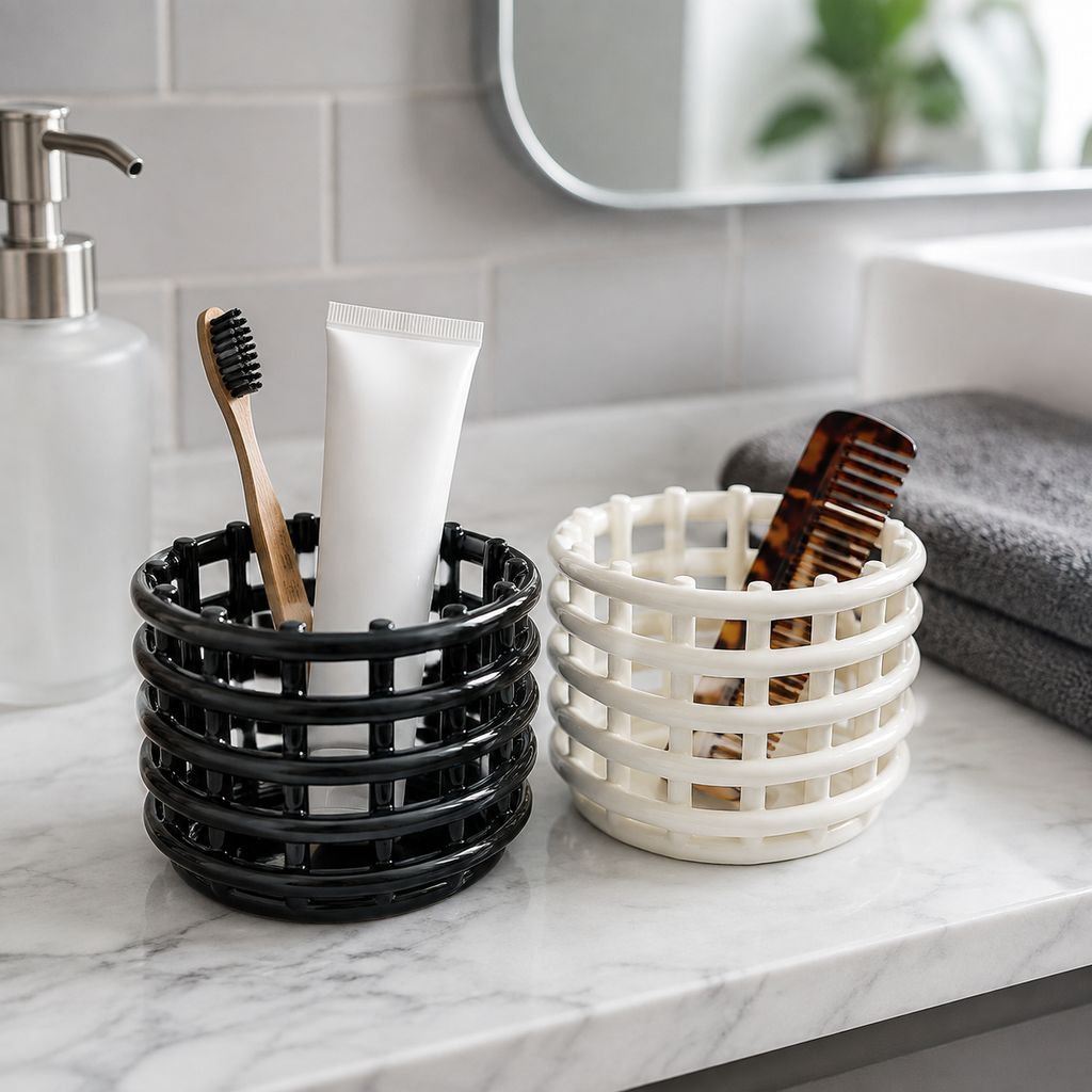 Versatile ceramic basket used as a decorative vase