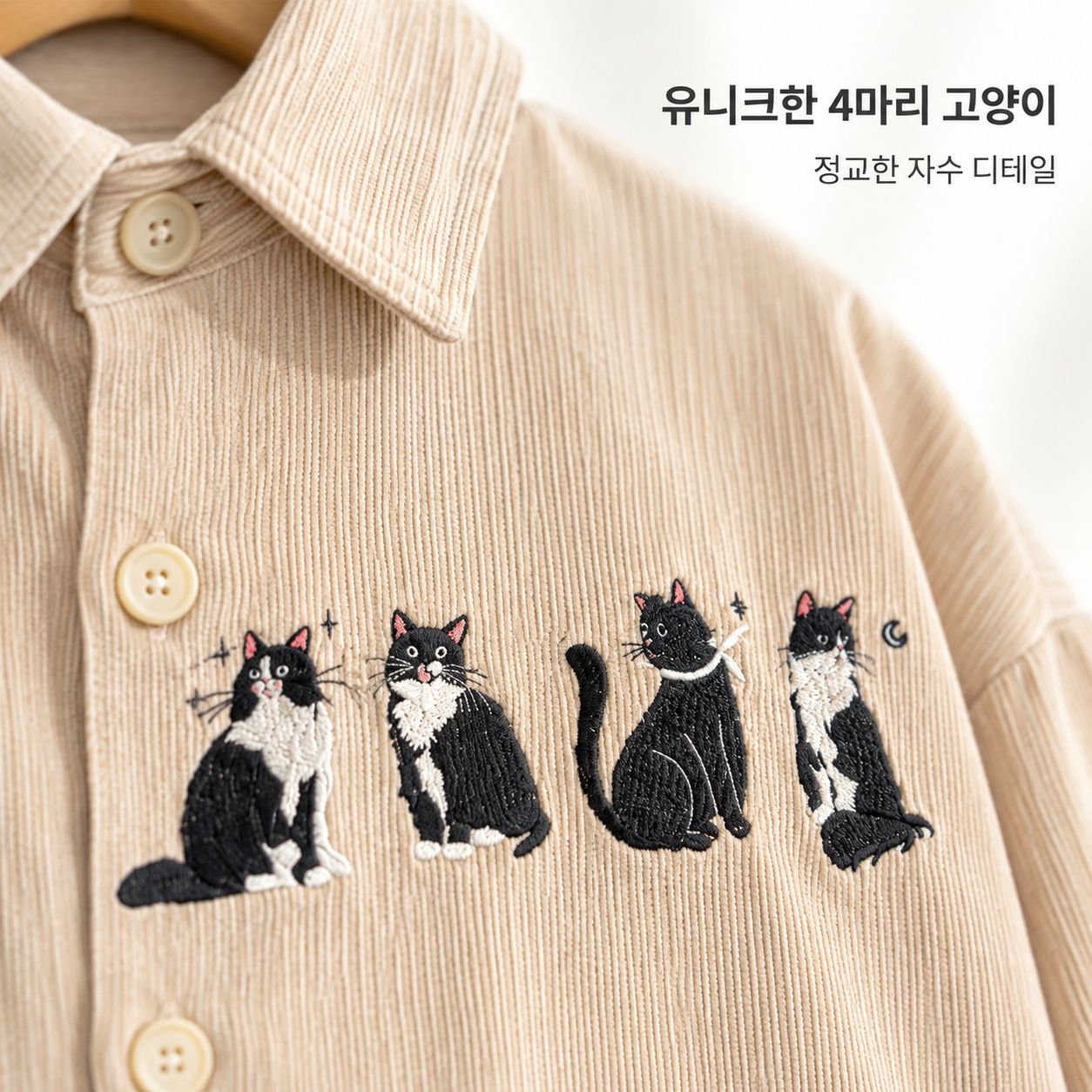 가을겨울 미국 빈티지 루즈핏 재미있는 고양이 자수 코듀로이 긴팔 셔츠