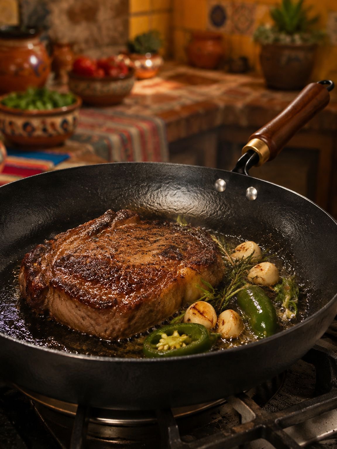 Sartén para bistec sin recubrimiento en cocina moderna