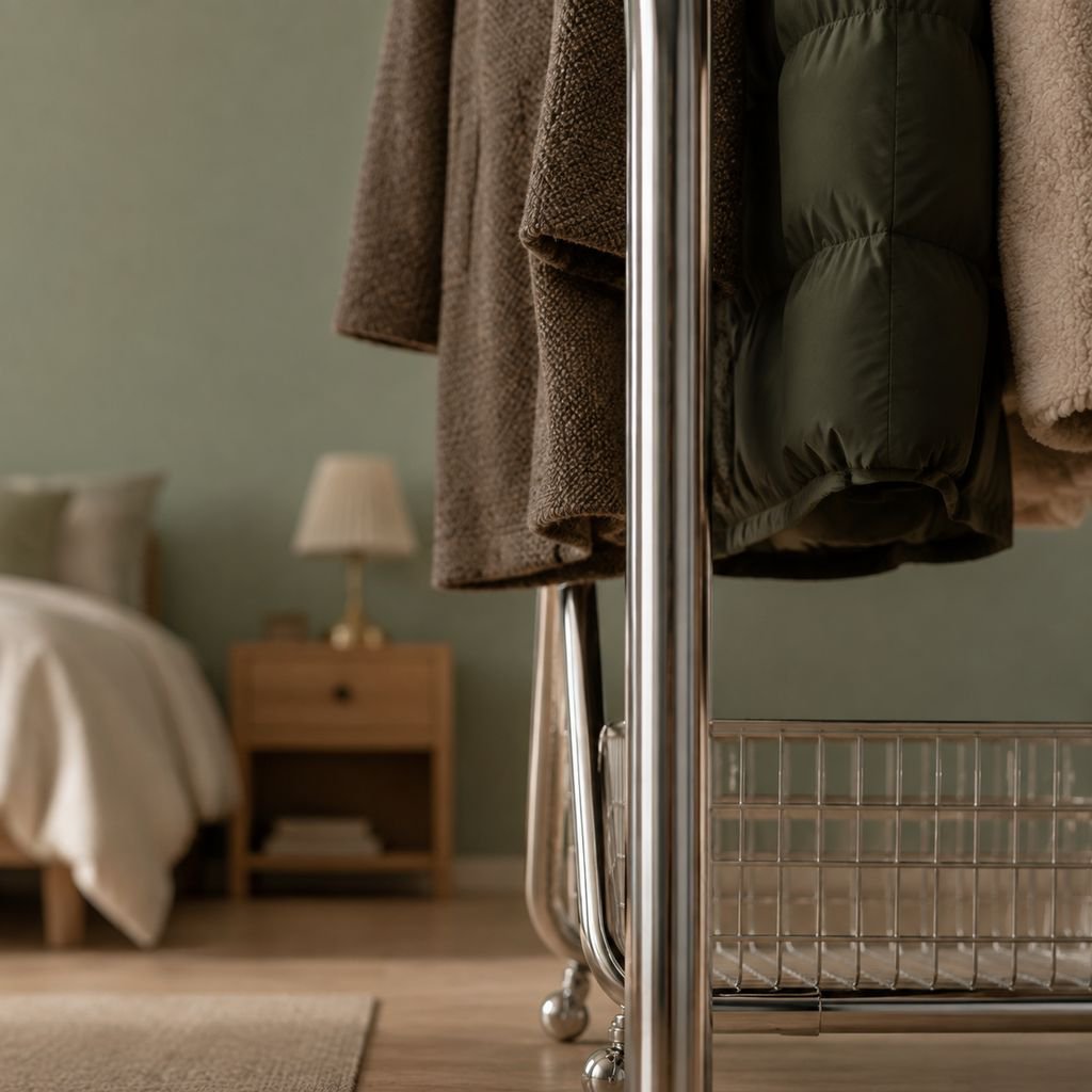 Space-saving metal coat rack for clothes and accessories