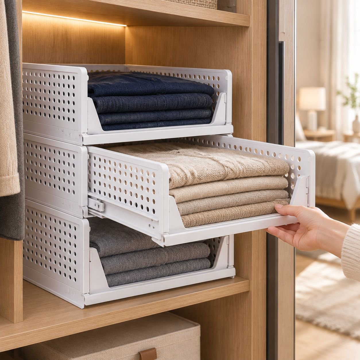 Multi-layer Plastic Wardrobe Drawer Storage Rack in modern bedroom