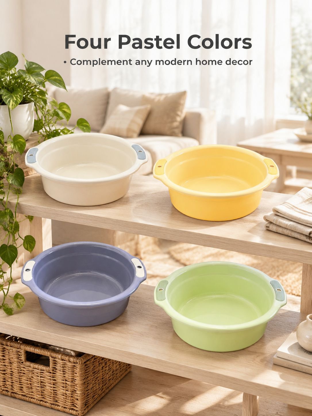 Wide plastic wash tub with handles for versatile household use