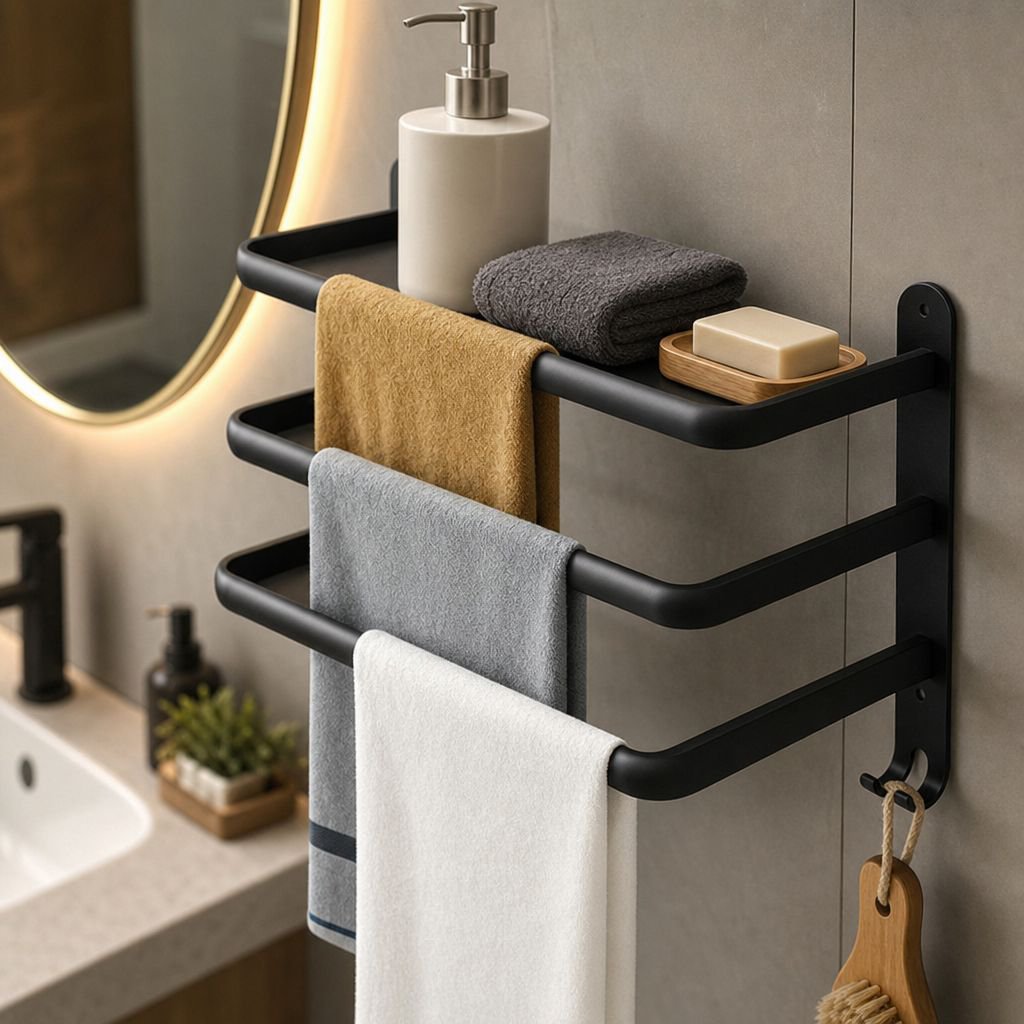No-Drill Bathroom Towel Rack and Shelf Combo