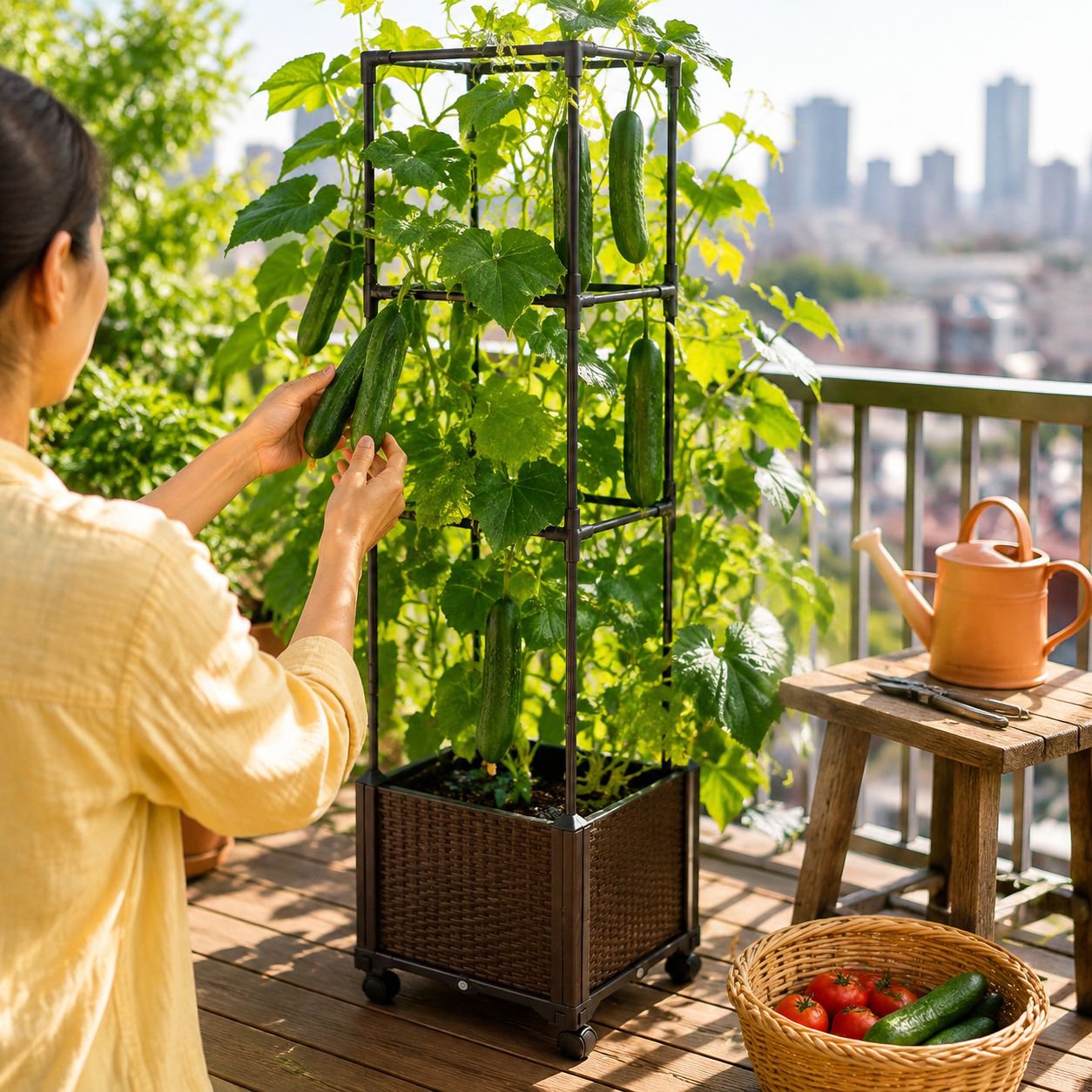 Caja para verduras y flores con soporte de enrejado