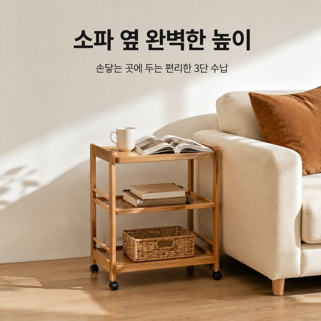 레트로 원목 이동식 트롤리 침대 옆 수납 선반 소파 사이드 테이블