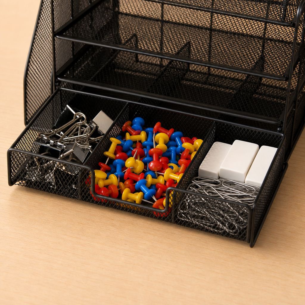 Modern office desk with file storage box organizer