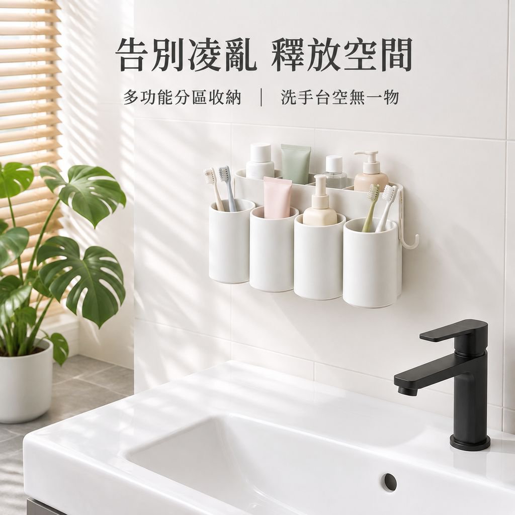 免打孔壁掛式衛浴漱口杯牙膏牙刷收納架