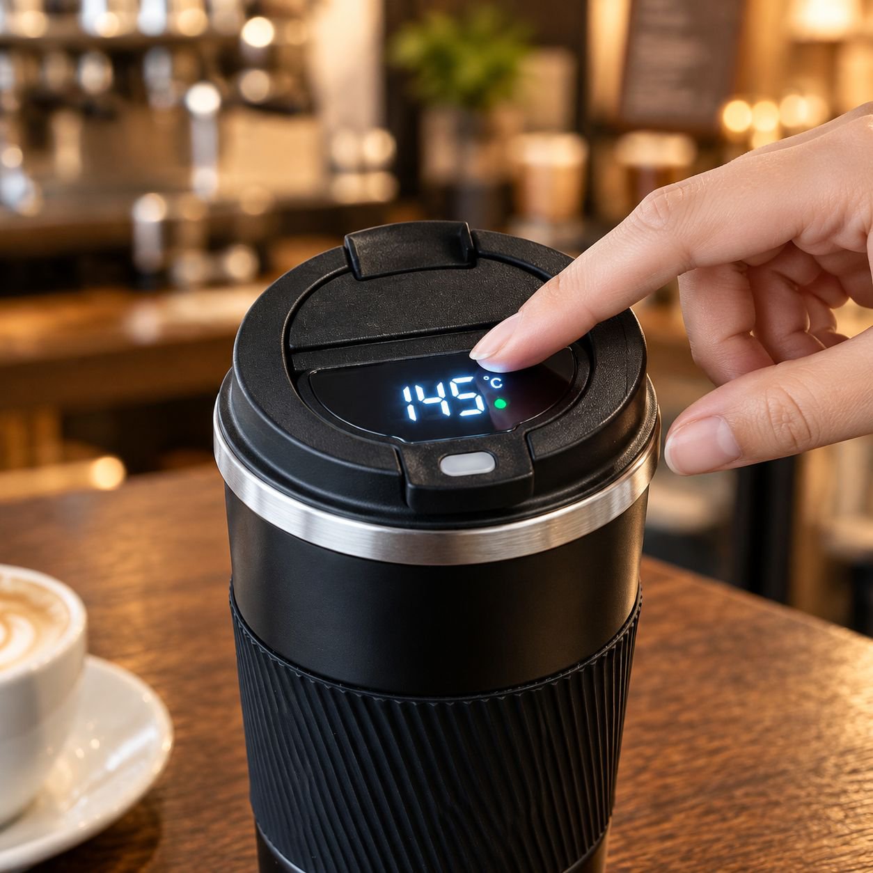 Elegant travel-friendly coffee thermos with temperature sensor