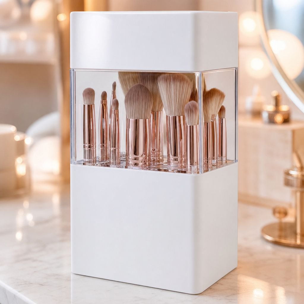 Brochas de maquillaje organizadas dentro del estuche portátil