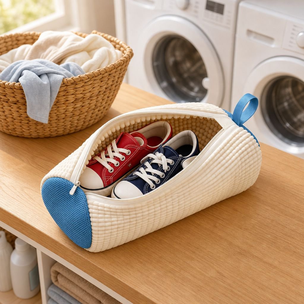 Sneakers inside home shoe cleaning bag ready for washing