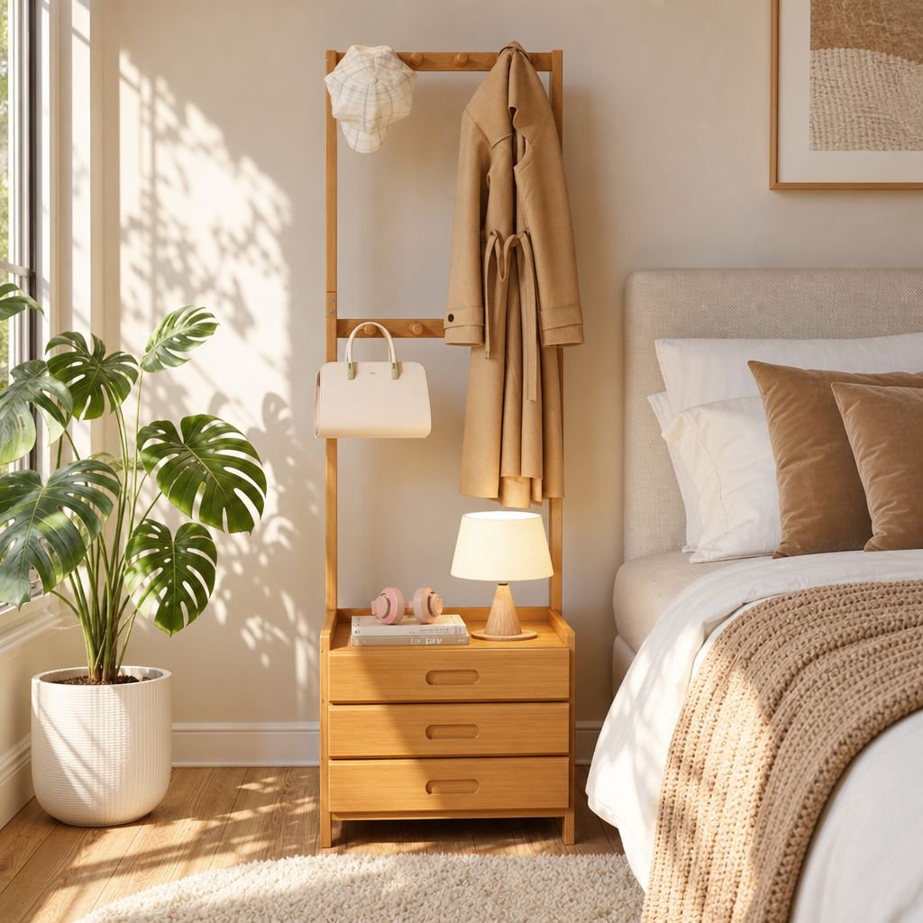 Modern bedroom clothes hanger and storage rack near bed