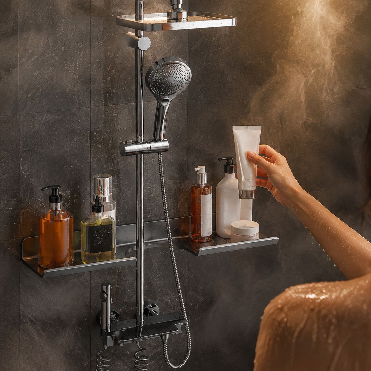 Estante de baño montado en la pared para gel de ducha y champú