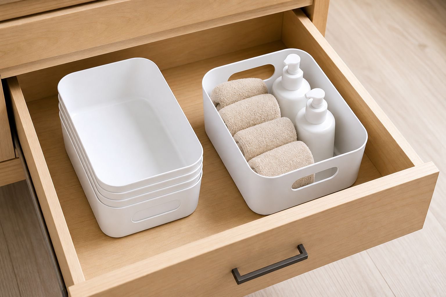 Plastic organizer basket for bathroom essentials