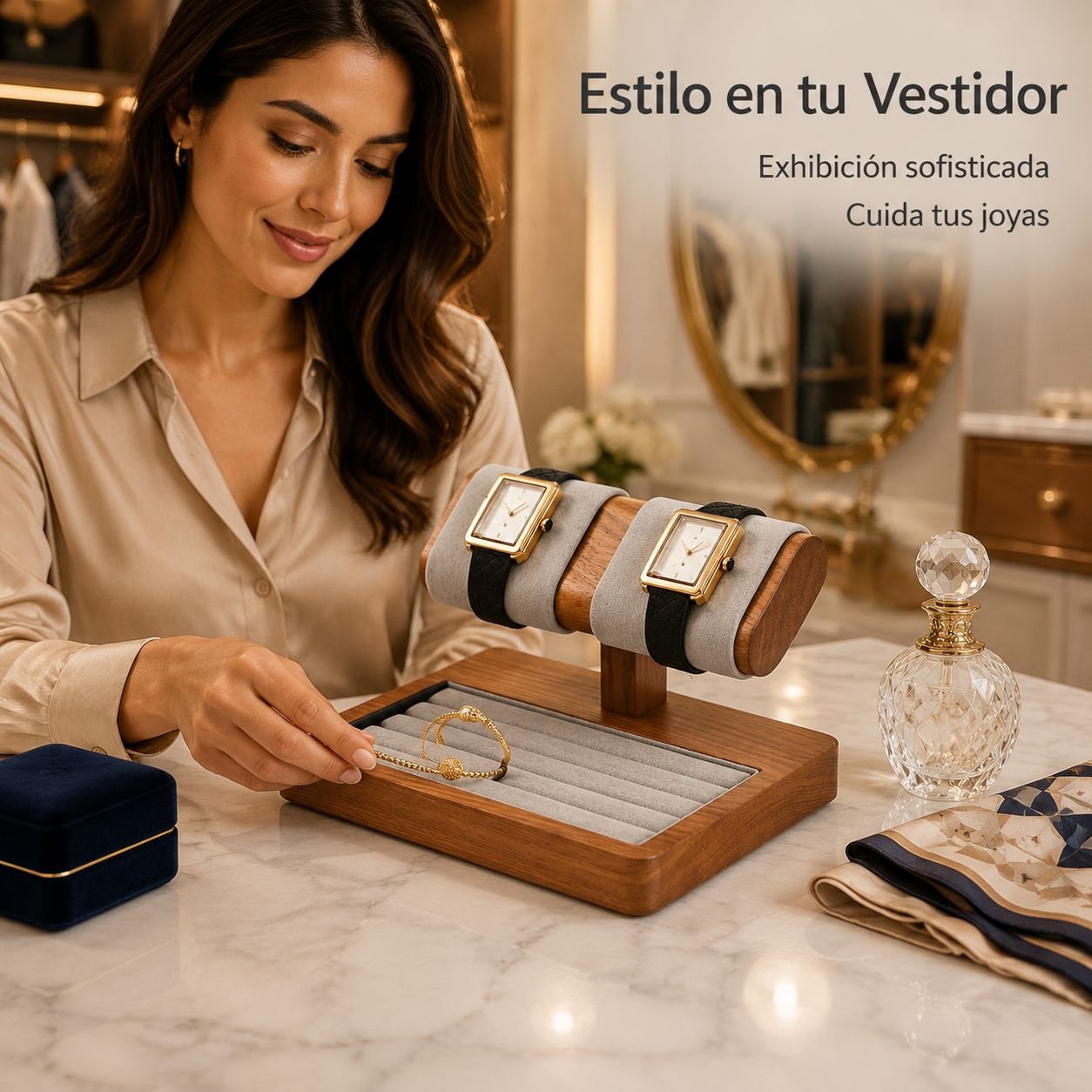 Estante de madera maciza para exhibir relojes y pulseras.