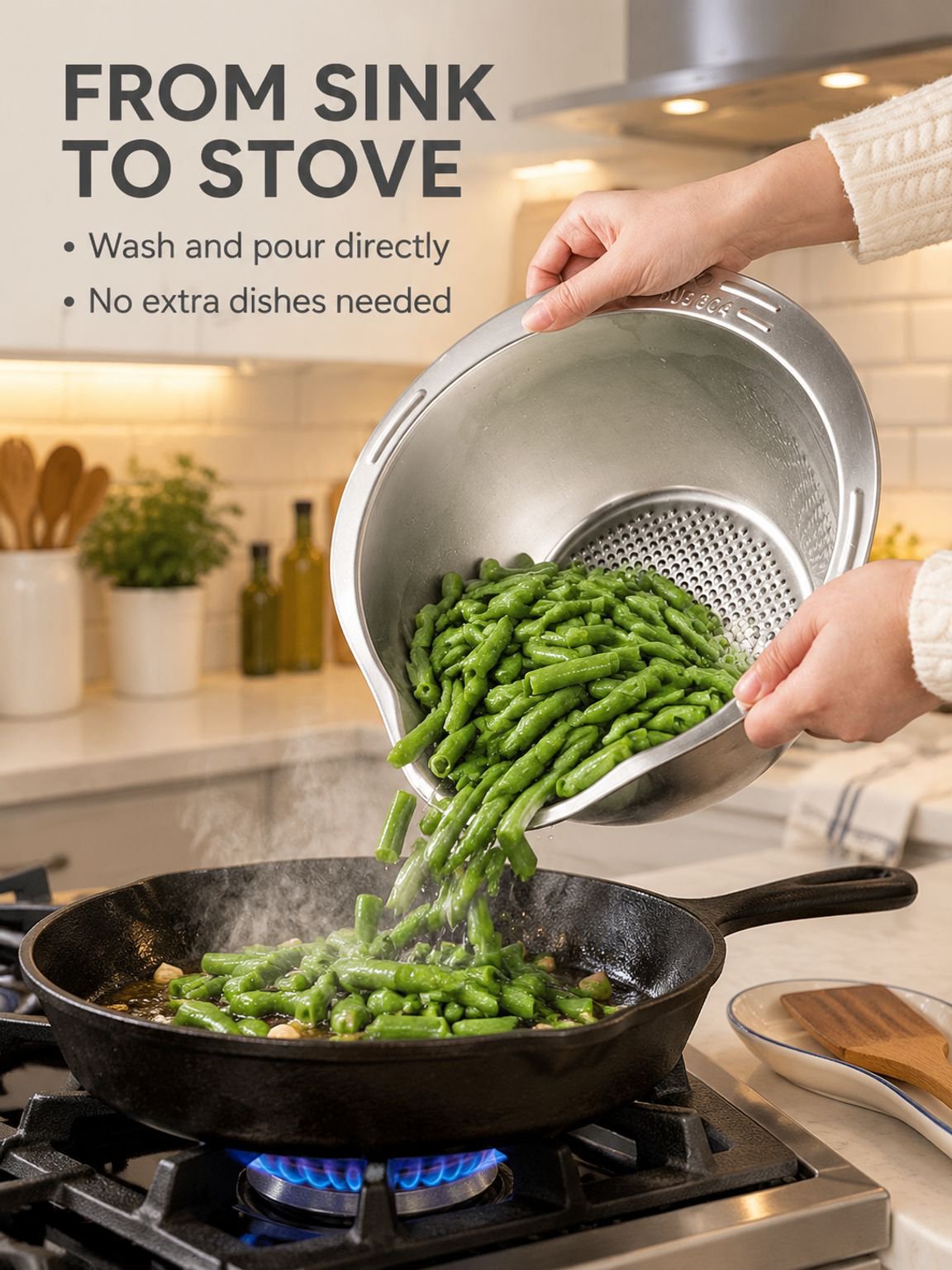 Perforated stainless steel colander for draining water