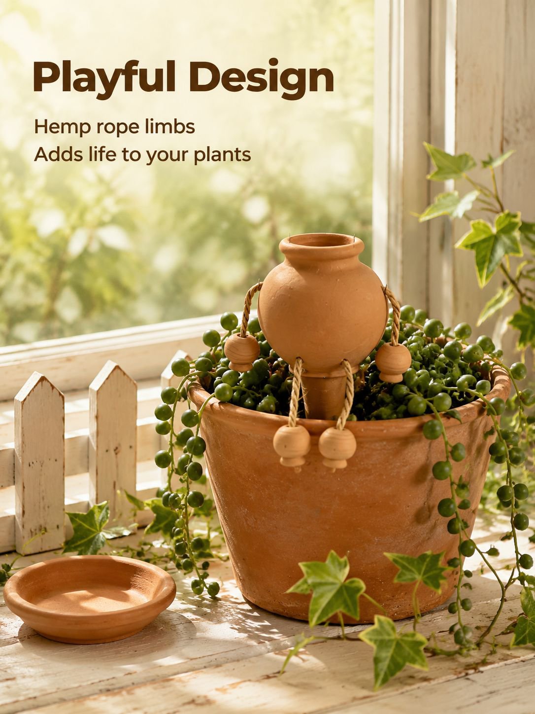 Close-up of terracotta drip irrigation accessory in a pot