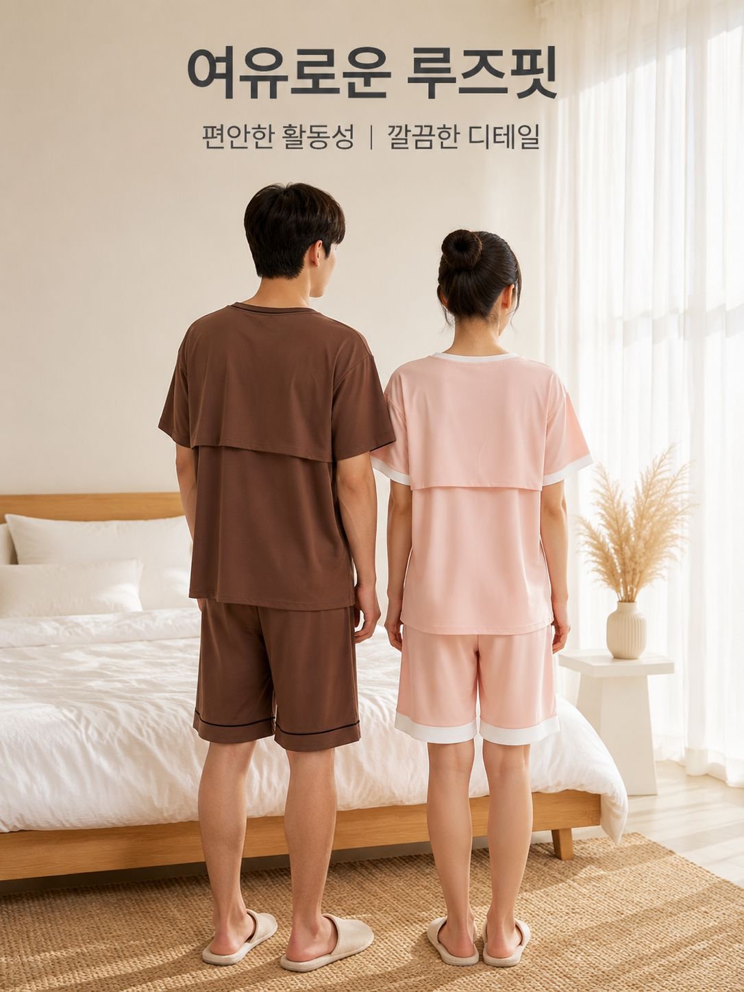 여성 브라 패드 내장 커플 파자마, 여름 반팔 루즈핏 외출 세트