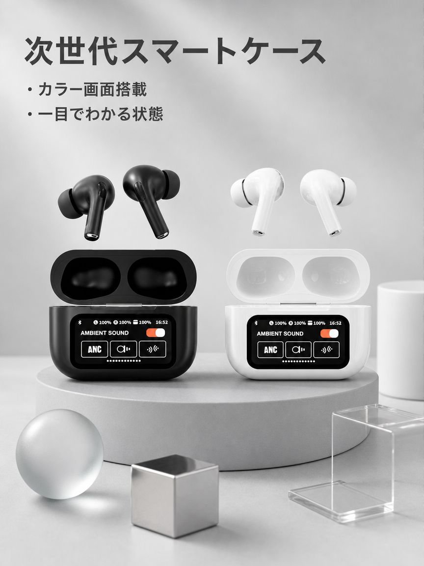 スマートカラーディスプレイ タッチコントロール ノイズキャンセリング Bluetoothイヤホン